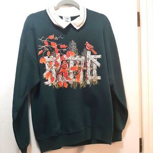 Vintage Whim Collared Crew Neck Green Grandma Core Sweater Novelty birds Medium